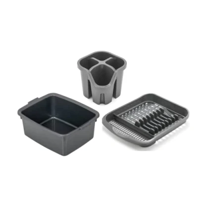 Image of Addis Washing up Set of 3 Extra Large Utility bowl, Plate draining rack and Cutlery drainer, Metallic