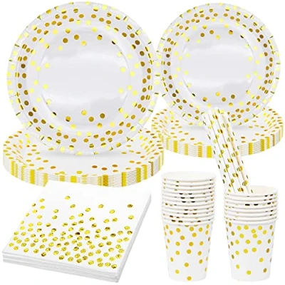 Image of 80 Pieces White Gold Party Tableware, Supplies Foil Dot Plates Cups Straws Napkins, Paper Disposable Dinnerware Set Tableware for Birthday Wedding Anniversary Decorations (20 Guests)