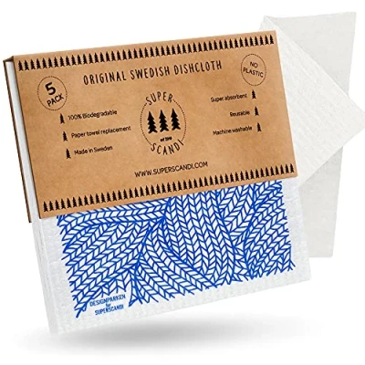 Image of SUPERSCANDI Swedish Dishcloths Reusable Biodegradable Cellulose Sponge Cleaning Cloths for Kitchen Paper Towel Replacement Washcloths (5 Pack Printed, Line knitting Blue)