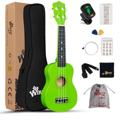 Image of Winzz Soprano Ukulele Starter Kit For Beginners with Bag, Clip On Tuner, Extra Strings, Strap, Plectrum, Fret Stickers, Chords Card, Polishing Cloth, Light Green