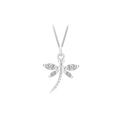 Image of Tuscany Silver Women&#039;s Sterling White Cubic Zirconia Dragonfly Pendant on Adjustable Curb Chain Necklace of 41cm/16&quot; 46cm/18&quot;