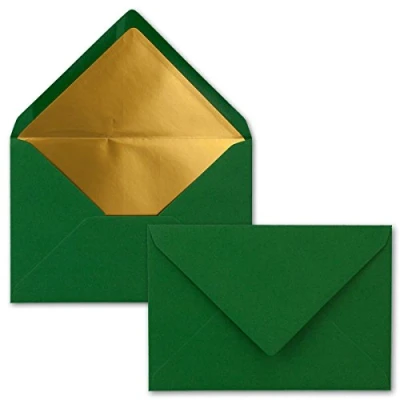 Image of NEUSER PAPIER envelopes in dark green 10 pieces letter DIN C6 114 x 162 mm 11.4 16.2 cm wet glue matt surface &amp; gold metallic lining without window for invitations