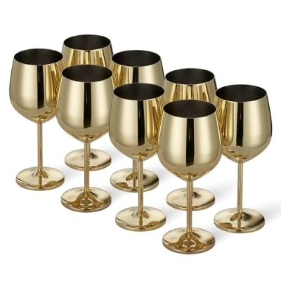 Image of Oak &amp; Steel 8 Stainless Gold Wine Glasses, 500ml Shatterproof Party Glass Set with Gift Box