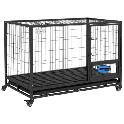 Image of PawHut 48&quot; Heavy Duty Dog Crate with Bowl Holder, Cage on Wheels Removable Tray, Detachable Top, Double Doors, Indoor Outdoor Use, for Large and Extra Dogs Black