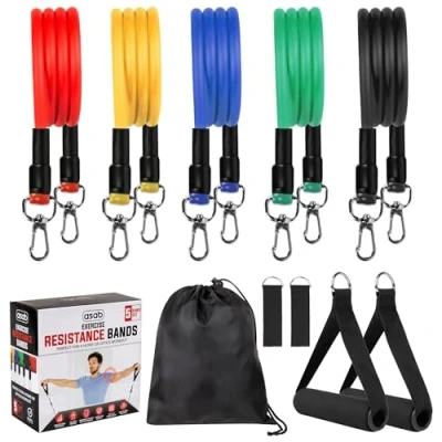 Image of ASAB 5PC Resistance Bands Set Men Women Flexible Durable Natural Latex Exercise with Carabiner Clips 2 Foam Handles Ankle Straps Carry Bag Up to 150LB Equipment for Home Gym Physio