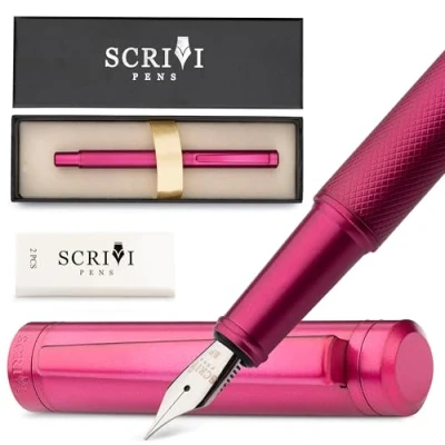 Image of SCRIVI Pens Luxury Fountain Pen Set [Red] for Writing Smooth Extra Fine Nib Includes Refillable Ink Converter, 5 Cartridges [Black &amp; Blue], Gift Box Elegant Calligraphy