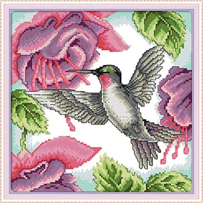 Image of Cross Stitch Kits, Awesocrafts Hummingbirds Bird Flowers Red Easy Patterns Stitching Embroidery Kit Supplies Christmas Gifts, Counted (Hummingbirds, Counted)