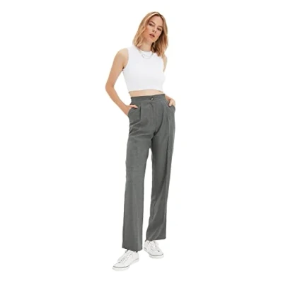 Image of Trendyol Women Tall High Waist Straight Leg Wide Trousers Gray