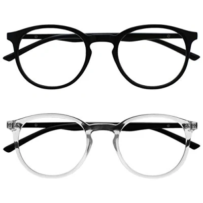 Image of OPULIZE Met Reading Glasses 2 Pack Slim Round Frame Scratch Resistant Spring Hinges Black Transparent Mens Womens RR60 1C +2.50