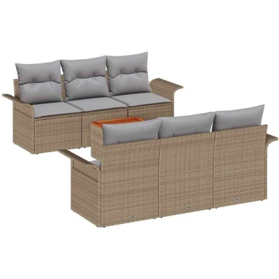 Image of vidaXL 7 Piece Garden Sofa Set with Cushions in Beige Poly Rattan Acacia