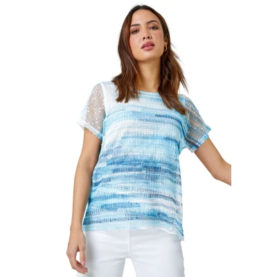 Image of Roman Originals Mesh Overlay Floral Print Blouse for Women UK Ladies Smart Top Casual T Shirt Summer Spring Flower Printed Layer Stretch Jersey Comfy Tee Pale Blue Size 20