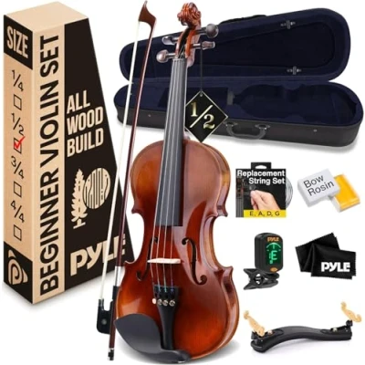 Image of Pyle 1/2 Size Beginner Violin Starter Kit, Package with Travel Case &amp; Bow, Extra Strings, Digital Tuner, Shoulder Rest Cleaning Cloth for Students, Kids, Adults
