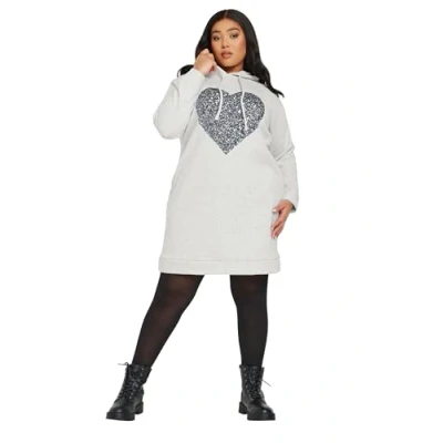 Image of Yours Curve Sequin Embellished Heart Hoodie Dress Women&#039;s Plus Size Grey