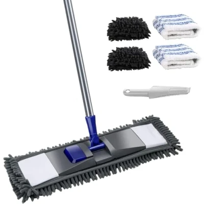 Image of Masthome Floor Mops, Flat Mop with 4 Microfiber Reusable Pads, Microfibre Adjustable Handle for Laminate Wooden Floors, Dust Wet Dry Kitchen Bathroom Wall Send Cleaning Scraper