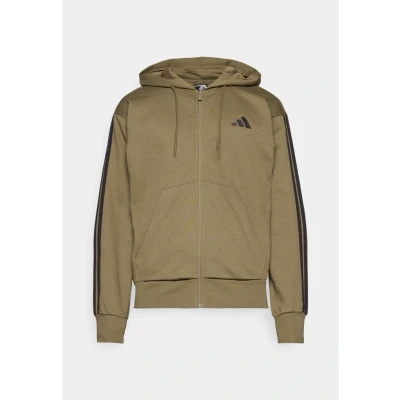 Image of adidas Men&#039;s ESSENTIAL THREE STRIPES FLEECE ZIPPER HOODIE, olive strata/black, XXL