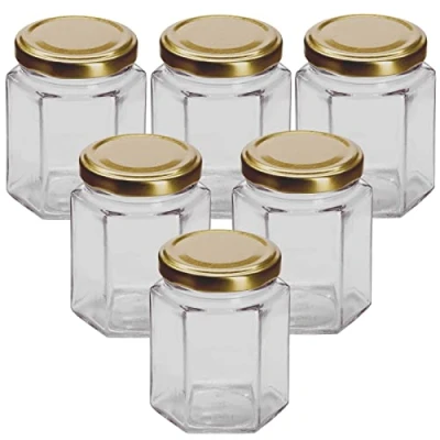 Image of 12oz / 250ml Hexagonal Glass Food Jar With Gold Twist Off Lid Pack Of 6