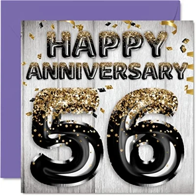 Image of Awesome 56th Anniversary Card for Husband Boyfriend Wife Girlfriend Black Gold Glitter Balloons Happy 56 Cards from Family, 145mm x Greeting Fifty Sixth Anniversaries