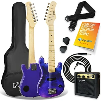 Image of 3rd Avenue 1/4 Size Kids Electric Guitar Pack for Junior Beginners 6 Months FREE Lessons, 5W Portable Amp, Cable, Bag, Picks and Strap Purple Galaxy