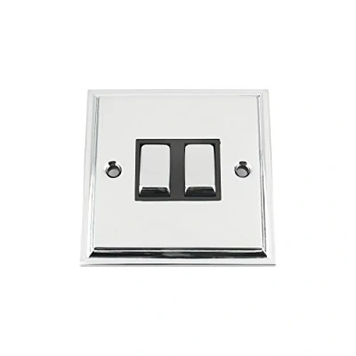 Image of Light Switch Double 2 Gang Polished Chrome Victorian Black Insert Metal Rocker 10 Amp Way
