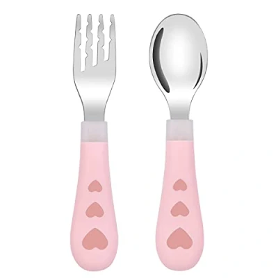 Image of Vicloon Baby Fork and Spoon Set, 2PCS Cutlery Set for Children, Stainless Steel Short Handle Training Tableware Ergonomically Designed to Promote Self Feeding in The Right Way(Transparent Love)