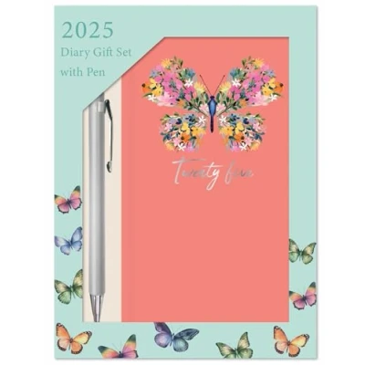 Image of 2025 Slim Week to View Diary Boxed Gift Set with Ballpoint Pen Assorted Designs Hardback Journal Planners (Pink Butterflies)