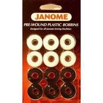 Image of Janome Pre Wound Plastic Bobbins White and Black Thread by