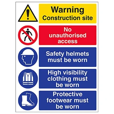 Image of V Safety 6C018BC S Multi Hazard Site High Viz Warning Sign Portrait 300mm x 400mm Self Adhesive Vinyl, Black/Blue/Red/Yellow