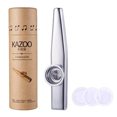 Image of WANDIC Aluminum Alloy Kazoo and 3 Membrane Flute Diaphragm Mouth Kazoos with Vintage Gift Box, Silver