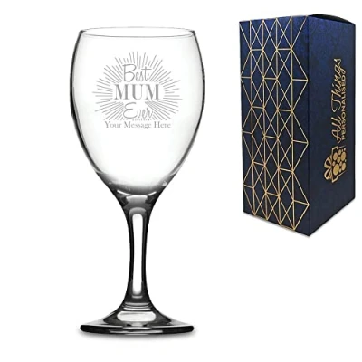 Image of Personalised Engraved Wine Glass with Best Mum Ever Design, Gift Boxed, Personalise Any Name