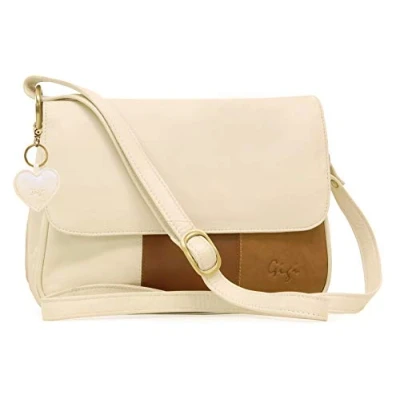 Image of Gigi Women&#039;s Medium Leather Cross Body Bag Flap Over Handbag With Long Adjustable Strap Heart Keyring Charm OTHELLO 1008 Ivory/Brown