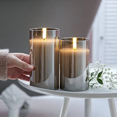 Image of Festive Lights Authentic Flame 12.5cm &amp; 15cm Real Wax Smoked Grey Glass Battery Operated Candles Warm White Flickering LEDs Safe, Elegant Indoor Christmas Home Decorations (Without Remote)