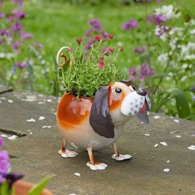Image of Garden Mile Novelty Dog Planter Hand Painted Metal Hard Wearing Weather Proof Animal Themed Planters Outdoor Décor Flower Pots for Decoration (Dog Planter)