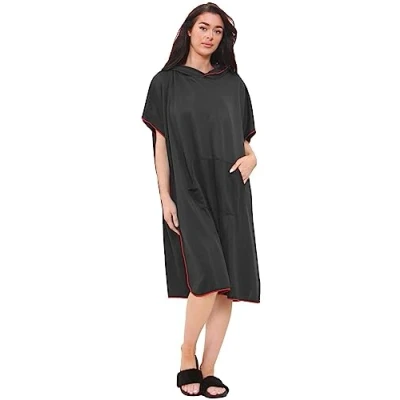 Image of True Face Beach Changing Robe With Pocket &amp; Hood Poncho Quick Dry For Unisex Adults Mens Womens To Change Wet Suit Surfing Swimming Lightweight Ponchos Black