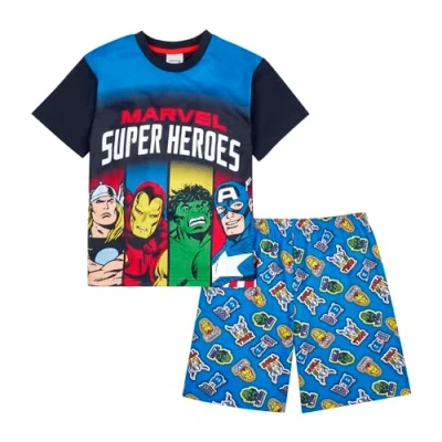 Image of Marvel Superheroes Boys Pyjamas, Incredible Hulk Iron Man Thor and Captain America Short Pjs Set For 8 9 Years Blue