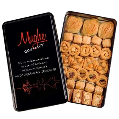 Image of Mughe Gourmet Assorted Baklava Pastry Gift Elegant Tin Box 500g/1.1lb Turkish Pistachio, Almond, Walnut, Cashew, Hazelnut Bite Size Gifts Baklawa Sweet Perfect for Birthday, Fathers Day