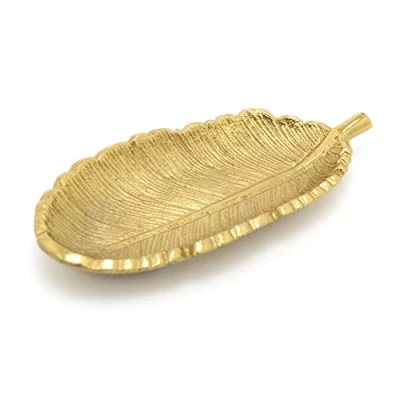Image of Carousel Home Elegant Gold Metal Feather Trinket Dish Antique Style Tone Display Plate Vanity Tray Ring Holder Jewellery
