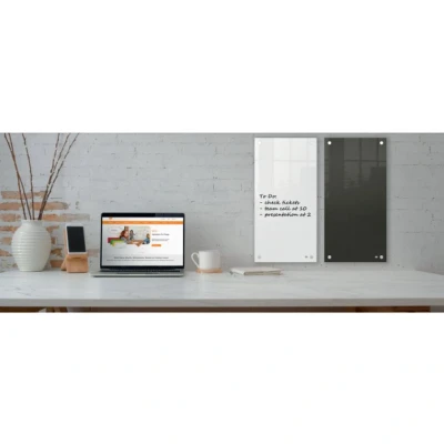 Image of Nobo Small Glass Whiteboard Panel, Dry Erase Surface, Frameless, Corner Wall Mounting, Home/Office, 300 x 600 mm, Includes Marker Pen, White, 1915603
