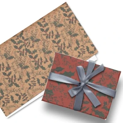 Image of Glick Luxury Christmas Folded Wrap (3 Sheets) Holly Kraft Wrapping Paper, Gold/Deep Red