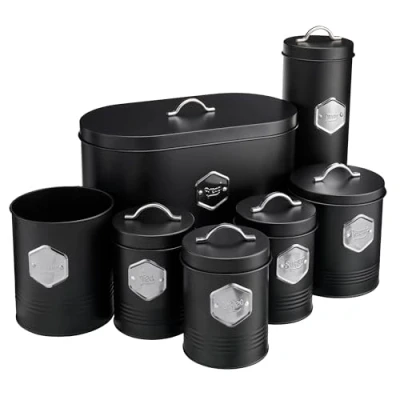 Image of Cooks Professional 7 Piece Storage Canister Set Labelled Containers for Bread Biscuits Pasta Utensils Tea Coffee Sugar Canisters Sets Kitchen Accessories &amp; Essentials Black Silver