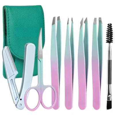 Image of Professional Tweezers Set (7 Piece), for Facial Hair Women, Precision with Travel Case, Stainless Steel Eyebrow Kit Women and Men, Green