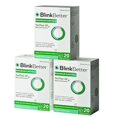 Image of BlinkBetter Tea Tree Oil Eyelid Wipes 60 x Natural Blepharitis, MGD &amp; Dry Eye Relief Cleansing, Soothing, Dual Textured, Triple Moisture Formula Biodegradable Gentle (Pack of 3)