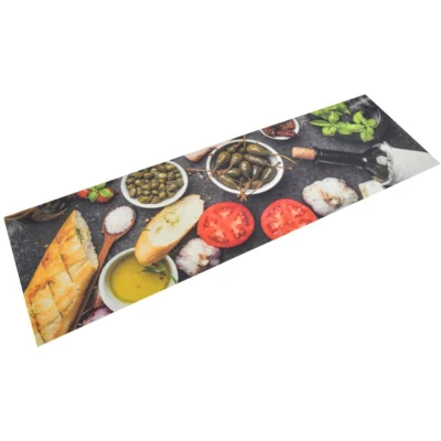 Image of vidaXL Multicolour Kitchen Rug Velvet Machine Washable Runner with Wine &amp; Dinner Pattern, 45x150cm Perfect for Indoor and Outdoor Use