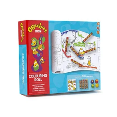 Image of RMS INTERNATIONAL Cbeebies 2.4m Colouring Roll Set with Markers Sticker Sheet Crayons &amp; Paper Weights Childrens Kids Boys Girl Creative Art Gift