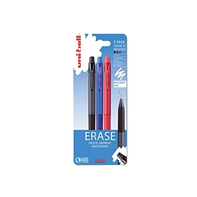 Image of uni ball URN 181 07 On Point Erasable Ballpoint Black, Blue and Red Gel Pens. Premium 0.7mm Rollerball Tip for Smooth Handwriting. Easy Retract Eraser Secure Stable Rubbing Out. Pack Of 3