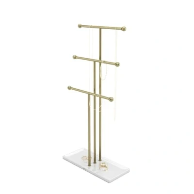 Image of Umbra Hanging Organizer 3 Tier Table Top Necklace Holder, Box Display with Jewelry Tray Base, Steel, White/Brass