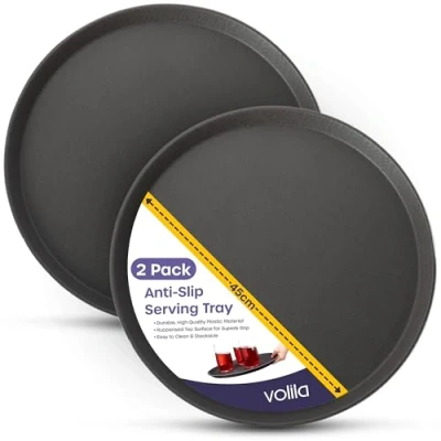 Image of volila Black Round Tray 45 cm (2 Pack) Rubberized Non Slip for Serving Food and Drinks Dishwasher Safe Parties, Gatherings, Bars, Restaurants Home