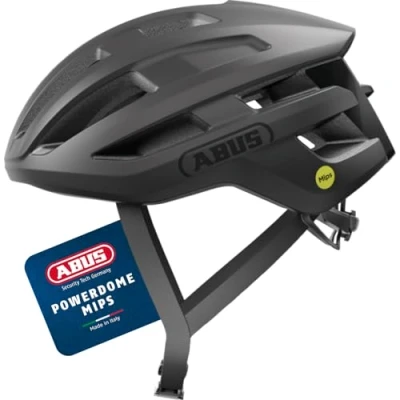 Image of ABUS PowerDome MIPS road bike helmet lightweight with clever ventilation system and impact protection Made in Italy for men women black, size M