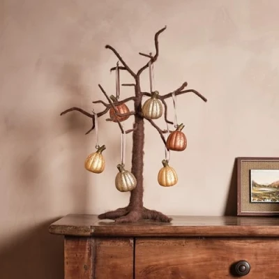 Image of Lights4fun Autumn Halloween Felt Twig Tree with 6 Mottled Mercury Glass Mini Pumpkin Hanging Decorations