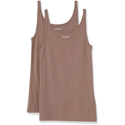 Image of Amazon Essentials Women&#039;s Slim Fit Thin Strap Tank Top, Pack of 2, Dark Beige, L