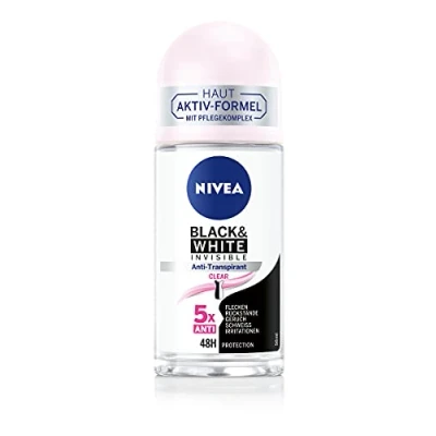 Image of Nivea Black &amp; White Invisible Clear Roll On Deodorant (50 ml), Antiperspirant with Anti Stain Formula 48h Protection and Care Complex